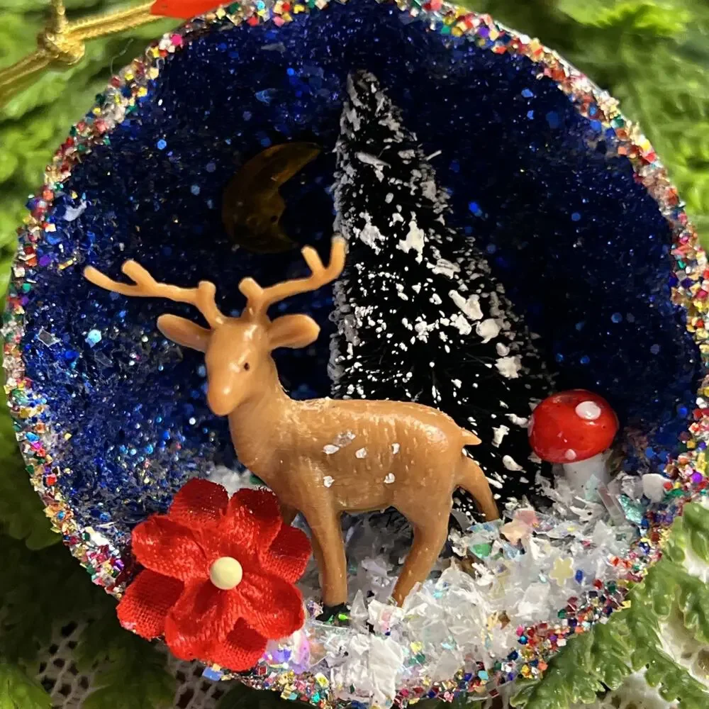Vintage Round Tart Tin Deer Tree Mushroom Diorama Mid Century Reindeer Ornament